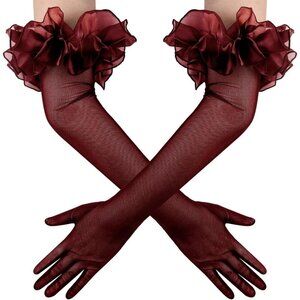Women's Long Burgundy Ruffle Puff Cuff Sleeve Mesh Gloves Wedding Party Costume